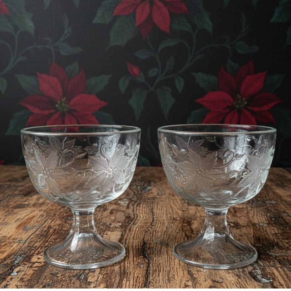 Princess House Fantasia Footed Dessert Bowls, Set of 2, Clear Floral Sherbet Cup